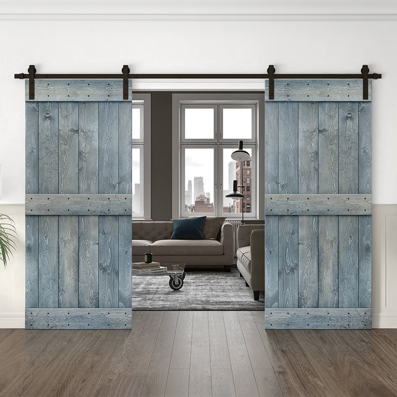 Porte de grange en bois massif lambrissé et métal, 40 po x 84 po, Bleu denim