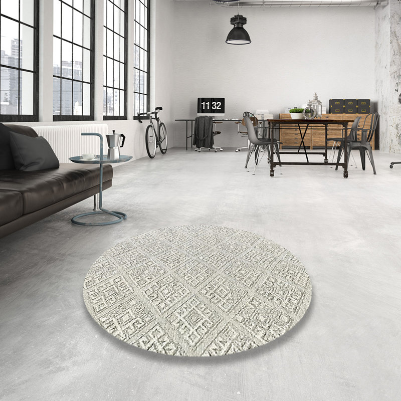 Tapis ivoire à motif géométrique, Rond 5 pi