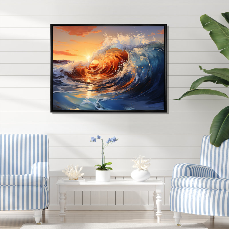 «Blue and Orange Sunrise Waves III» - art mural vagues côtières, Cadre flottant noir, H 24 po x l 32 po x P 1 po