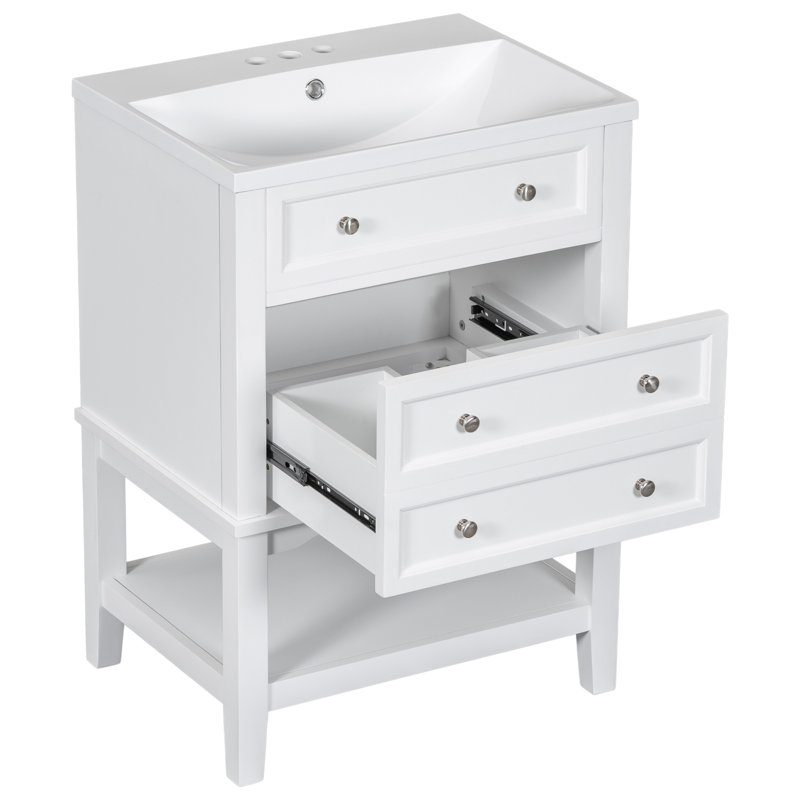 Meuble-lavabo 24 po avec lavabo, armoire de rangement avec tiroir et tablette ouverte, structure en bois massif, blanc
