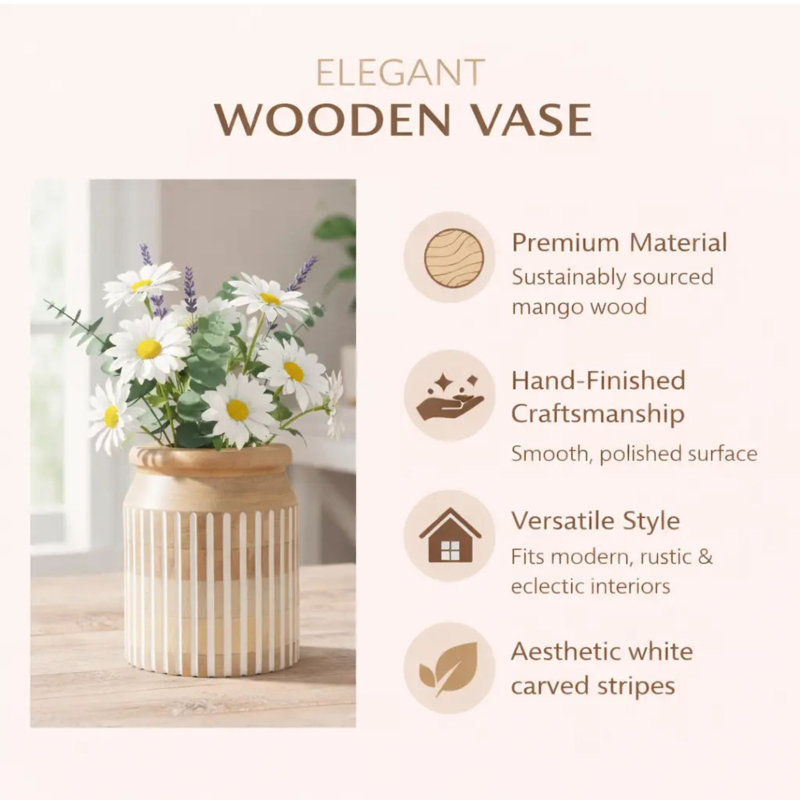  Wooden Vase | Artisanal Handcrafted Decorative Accent | Elegant Natural Wood | 8.3x9", 9" H x 8.25" W x 8.25" D