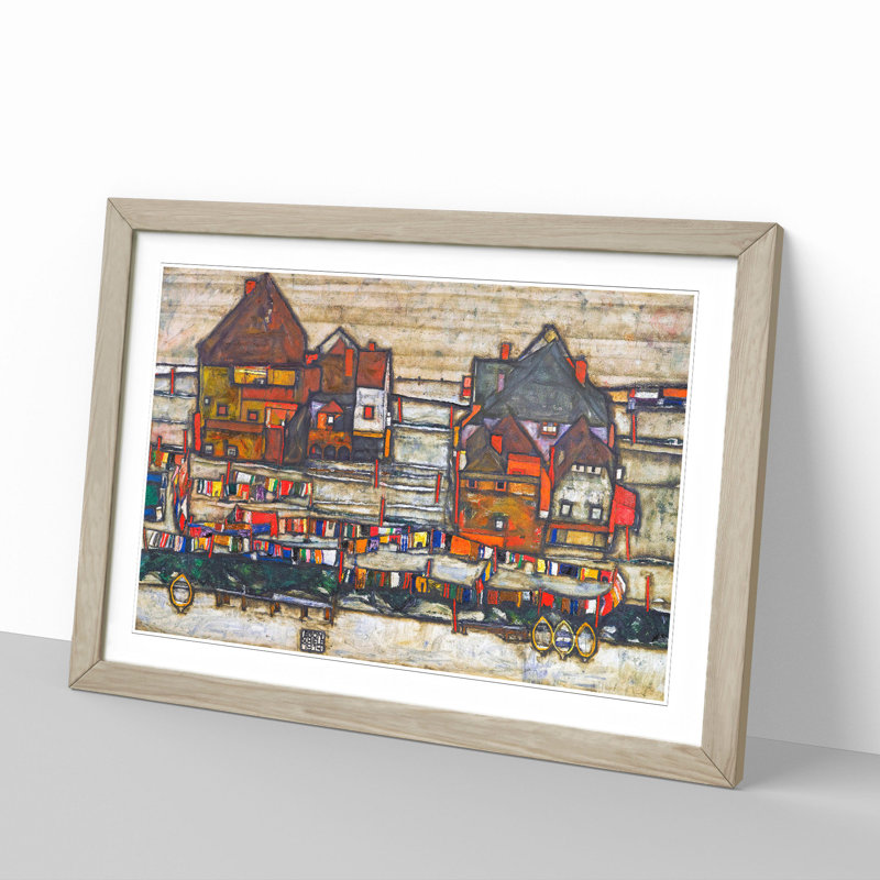 Houses with Laundry by Egon Schiele - Picture Frame Painting, 27cm H x 36cm W x 2cm D, Oak Framed