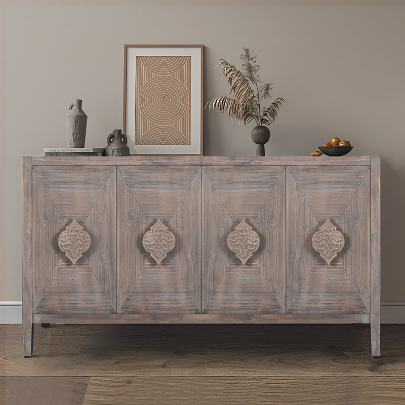 Antique Brown Carved Wood Four-Door Sideboard
