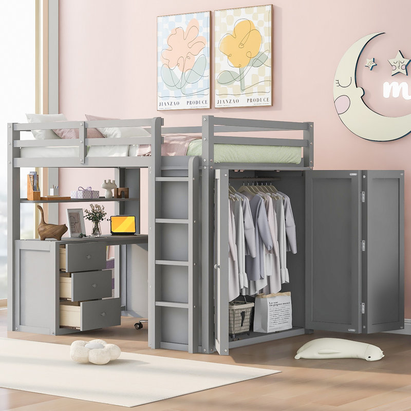 Lit mezzanine avec tiroirs, bureau et garde-robe, Gris