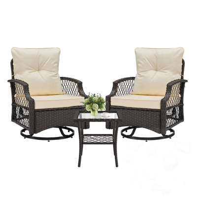 Ensemble de meubles de patio 3 pièces avec 2 chaises pivotantes et coussins et table d'appoint