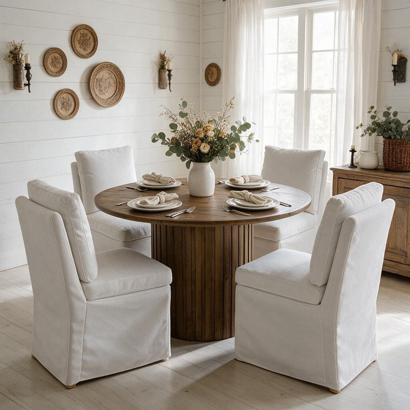 Ensemble de salle à manger authentique de style campagnard - Table ronde en pin recyclé de 47 po avec trou de ver et marque de clou - Chaises rembourrées avec housses lavables amovibles - Cuisine ou salle à manger rustique