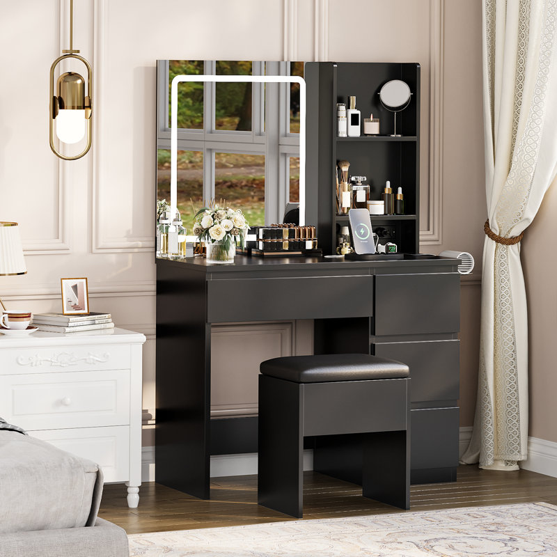 Meuble-lavabo moderne avec miroir et lumières, coiffeuse avec tabouret de rangement, 4 tiroirs et support pour sèche-cheveux, coiffeuses pour la chambre à coucher