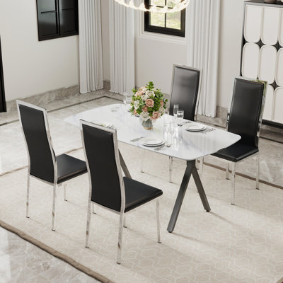 Modern Rectangular Dining Set, Marble Glass Table and 4 /6 PU Highback Chairs, Accents for Restaurant Style for Dining/Living