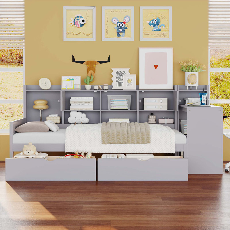 Twin Size L-Shape Daybed with Storage Cabinets, Study Desk, and Built-in Bookshelf for Multi-functional Use., Twin, Gray