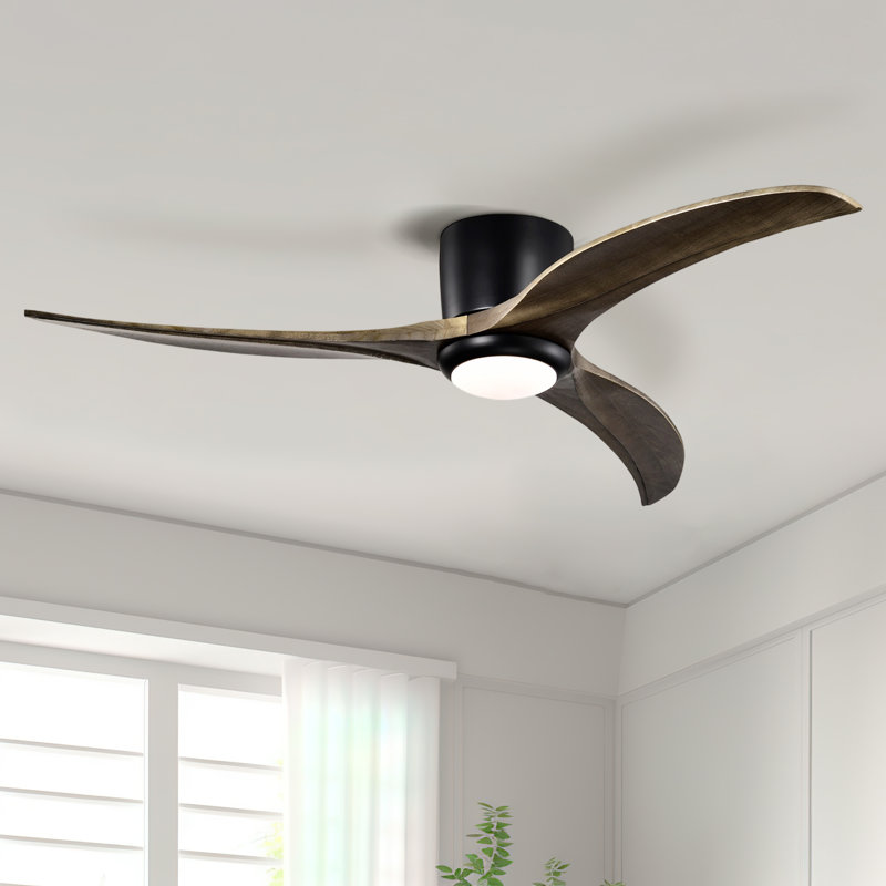 Ventilateur de plafond encastré à pales en bois massif 52,04 "avec lumière avec télécommande Parzy, Noir mat, Espresso