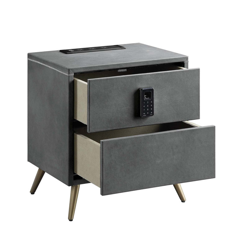 Table de chevet Doris avec serrure USB et électrique, cuir fleur gris