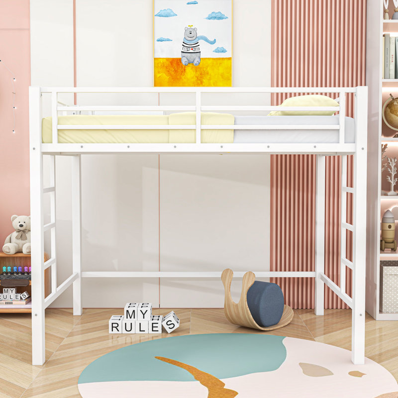 Metal Loft Bed with Guardrails, Ladder and Slats, Full