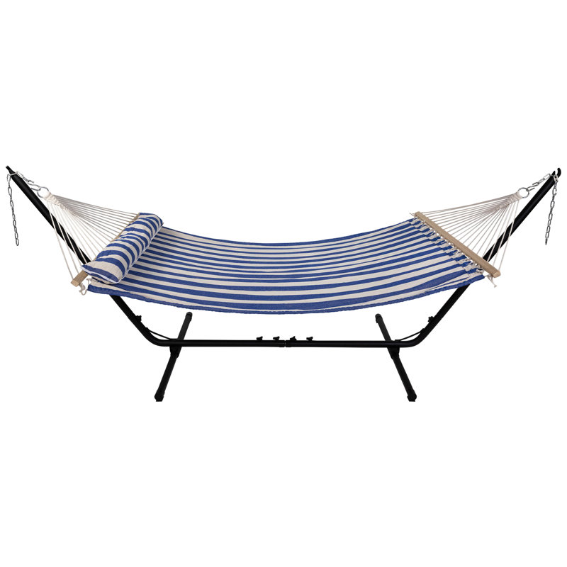 Striped Macrame Quilted Two Person Double Hammock With Pillow - 9' X 55" - Blue And Cream