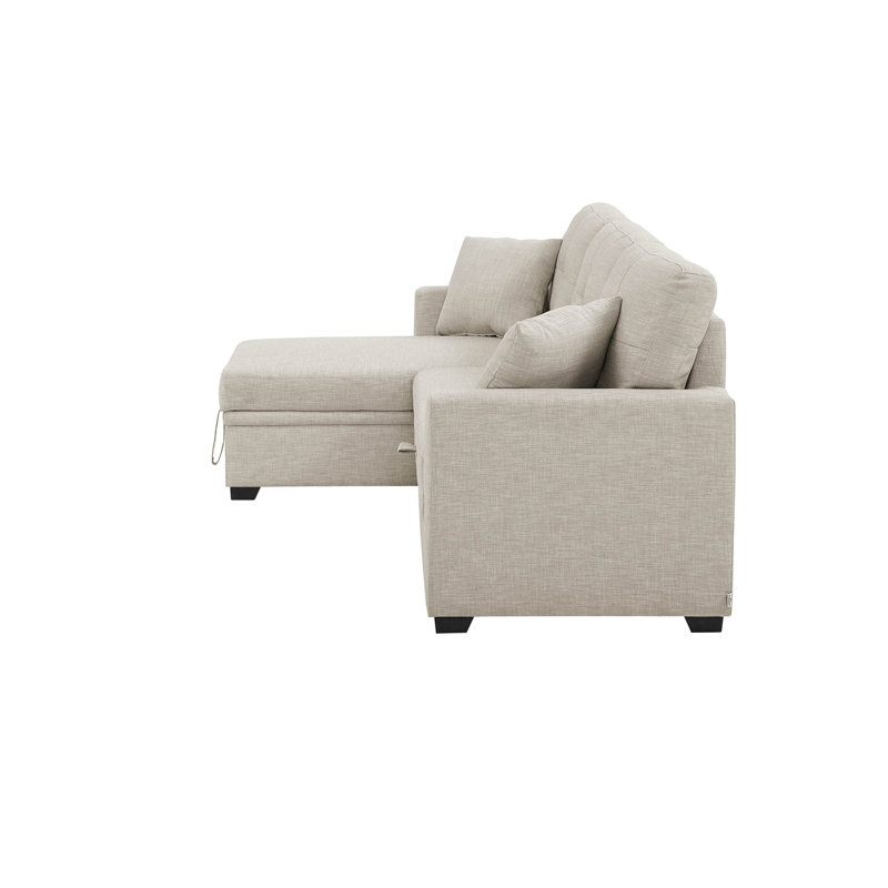 Modern L-Shaped Sleeper Sofa Pull Out Sectional Sofa With Storage Chaise, Beige, 35" H x 85" W x 54" D