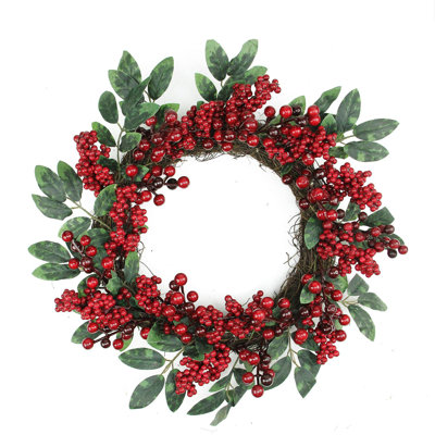 Couronne de Noël artificielle à baies rouges et feuilles vertes bicolores - non éclairée 18 pouces