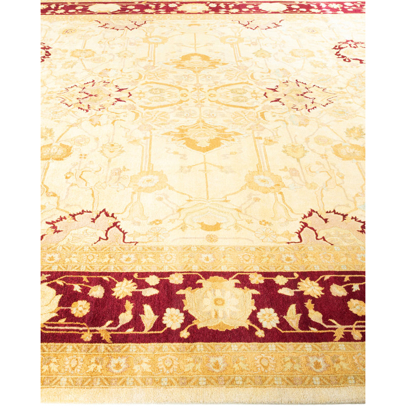 Tapis unique ivoire / vin / brun noué à la main 9 pi 3 po x 12 pi 3 po Hayner