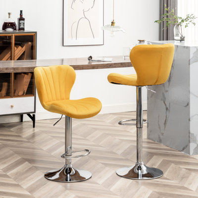 Yellow Of 2 - 360 Degree Swivel, Foam Padded Seat, Modern Chic Upholstery, Footrest 2Pcs Upholstered, Adjustable, Velvet Fabric, Thick Foam, Comfort Footrest, Finish, Contemporary Style