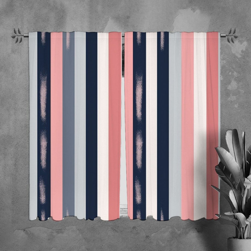 Vertical Stripes Window Curtains Striped Navy Drapes_Navy;Pink, L 40 po x L 61 po