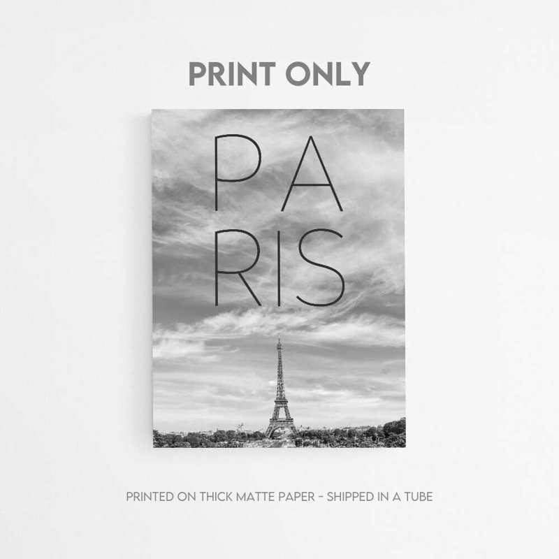 Paris Skyline Art Print, Eiffel Tower Black & White, H 24 po x l 32 po, Framed Print with Mat, White