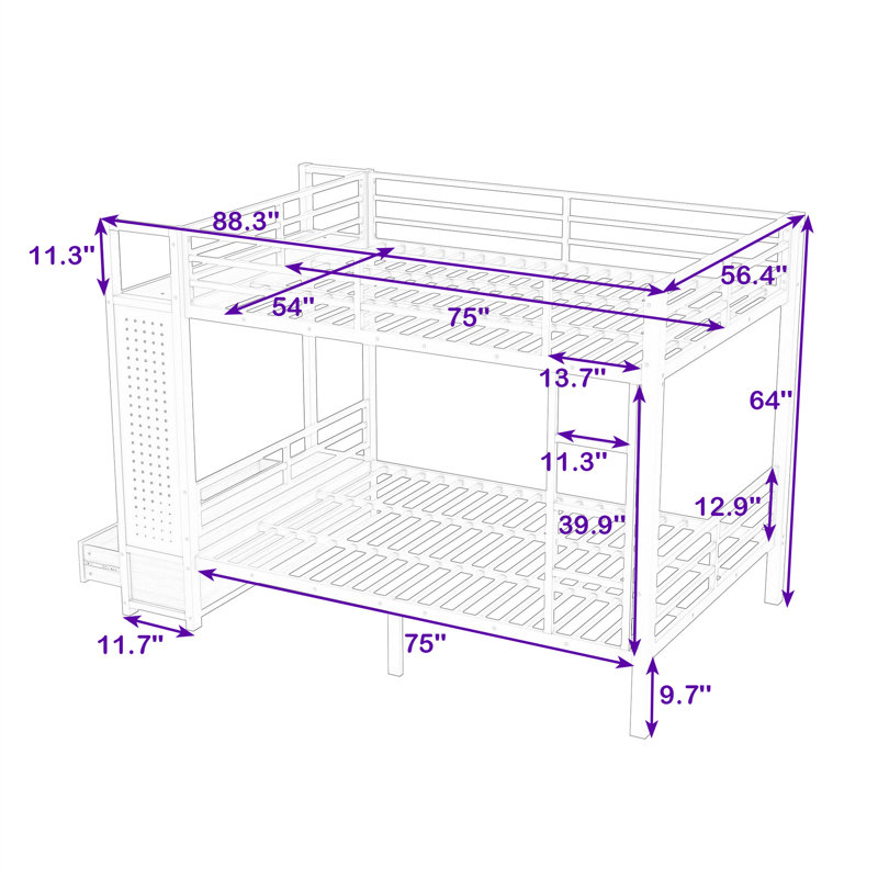 Lit superposé en métal avec tablette de rangement multifonctionnelle intégrée, panneau perforé et tiroirs