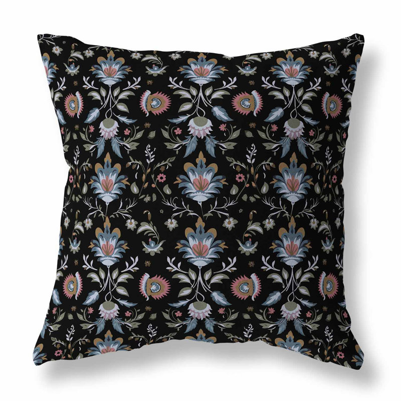 Black and Pink Floral Reversible Square Throw Pillow