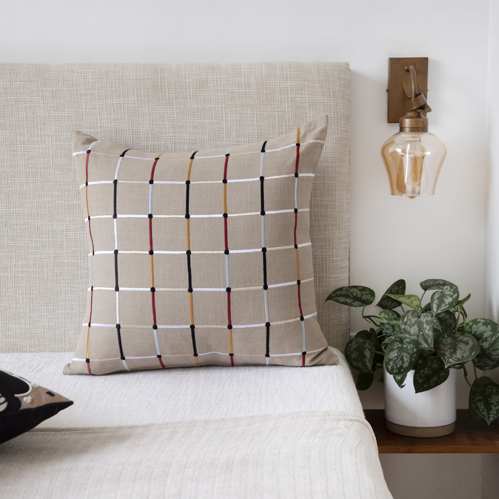 Checkered Cotton Throw Pillow, Beige/Red/Yellow/Blue, 20" x 20", Pillow Cover Only - No Insert