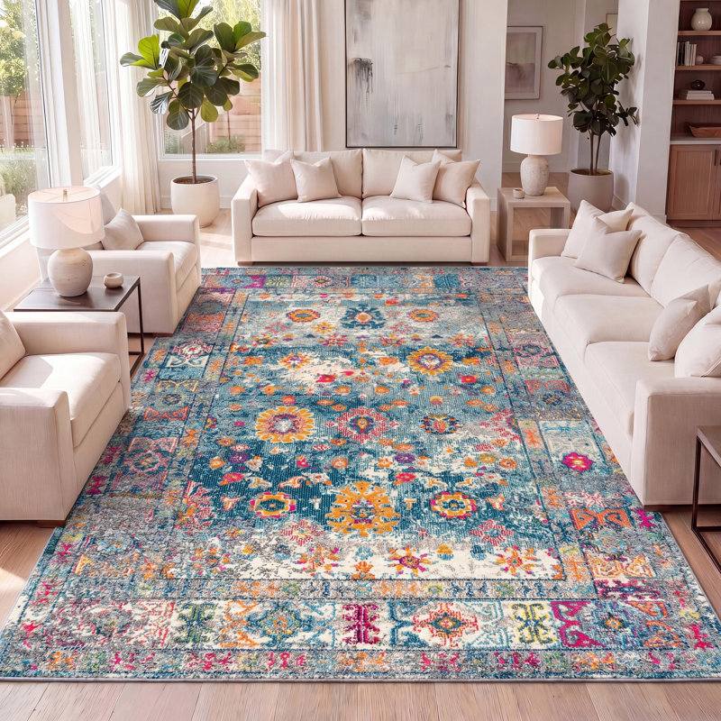 Tapis bleu marine / crème Lathan Bohemian FLAIR Boho, Rectangle 5 pi 3 po x 7 pi 7 po