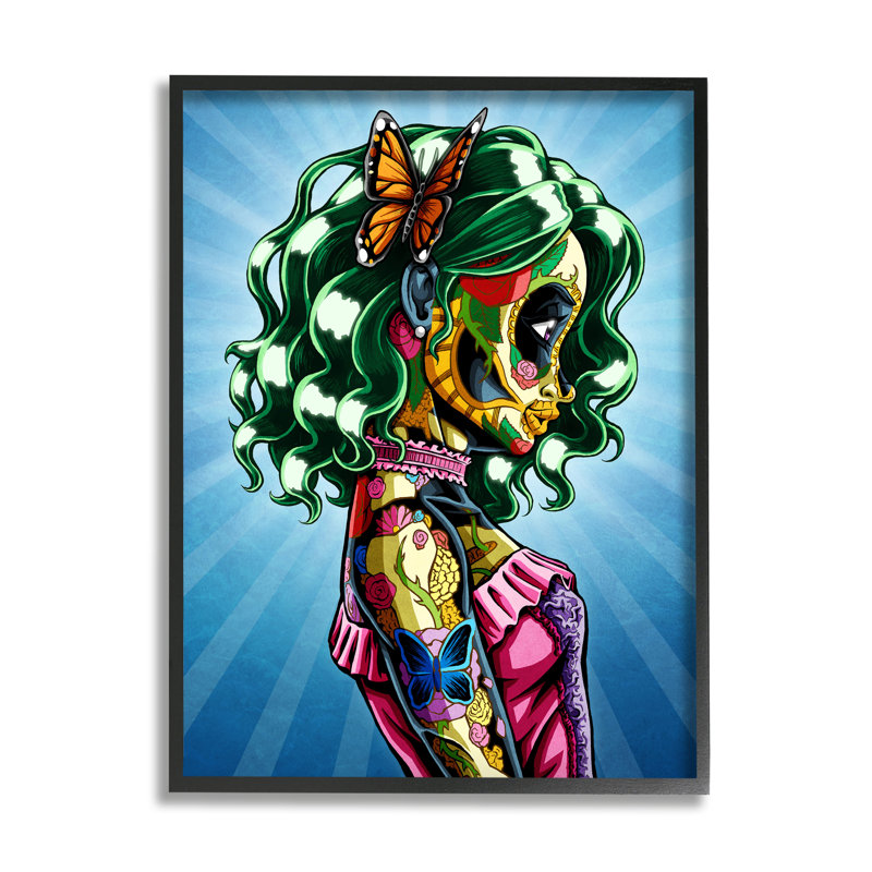 Papillon aux cheveux verts audacieux et détaillé, L 16 po x H 16 po, Giclée encadrée noir minuit