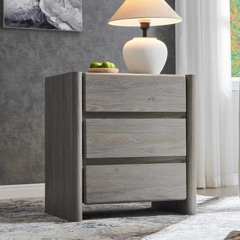 Bolanos 25" Tall Modern End Table with Charging Station & 3 Storage Drawers , Wood Side Table w/Rounded Corner Design for Bedroom