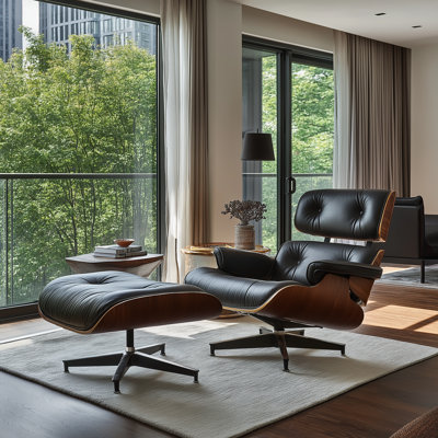 Real Leather Upholstered Accent Chair With Ottoman And Heavy-Duty Aluminum Base