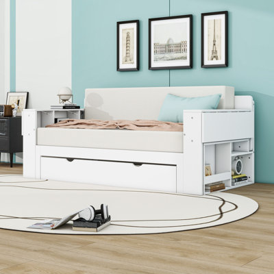 Convertible Wood Daybed with Built-in Desk, Drawers and Extendable Armrests