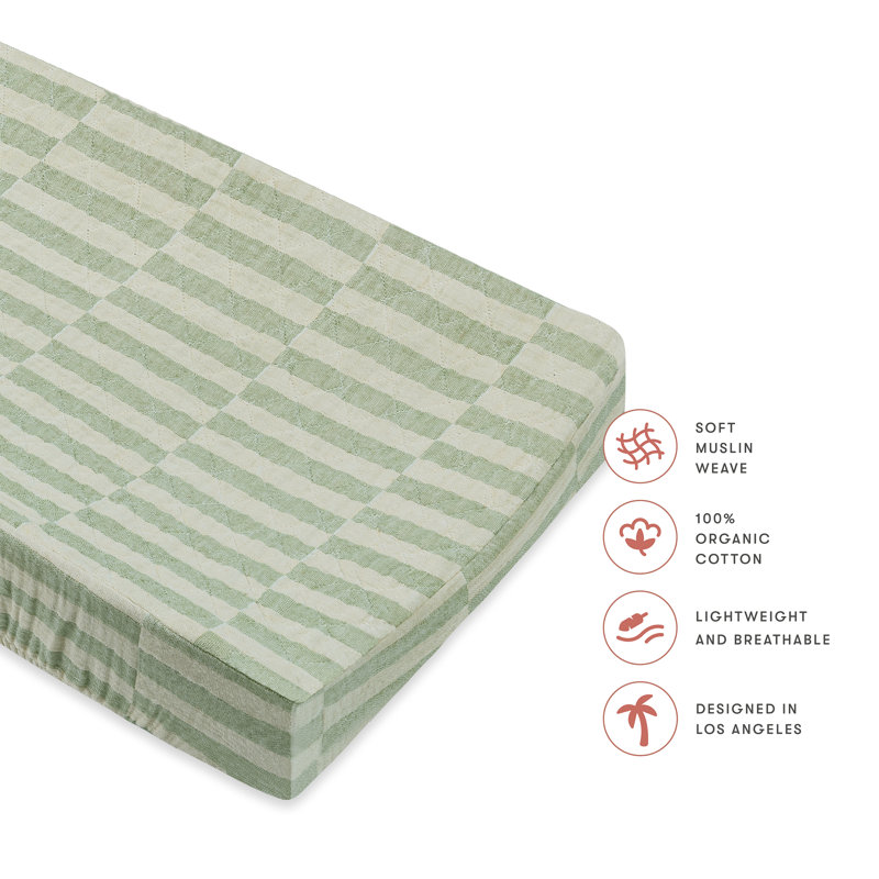 Stripe Quilted Muslin Changing Pad Cover, Moss