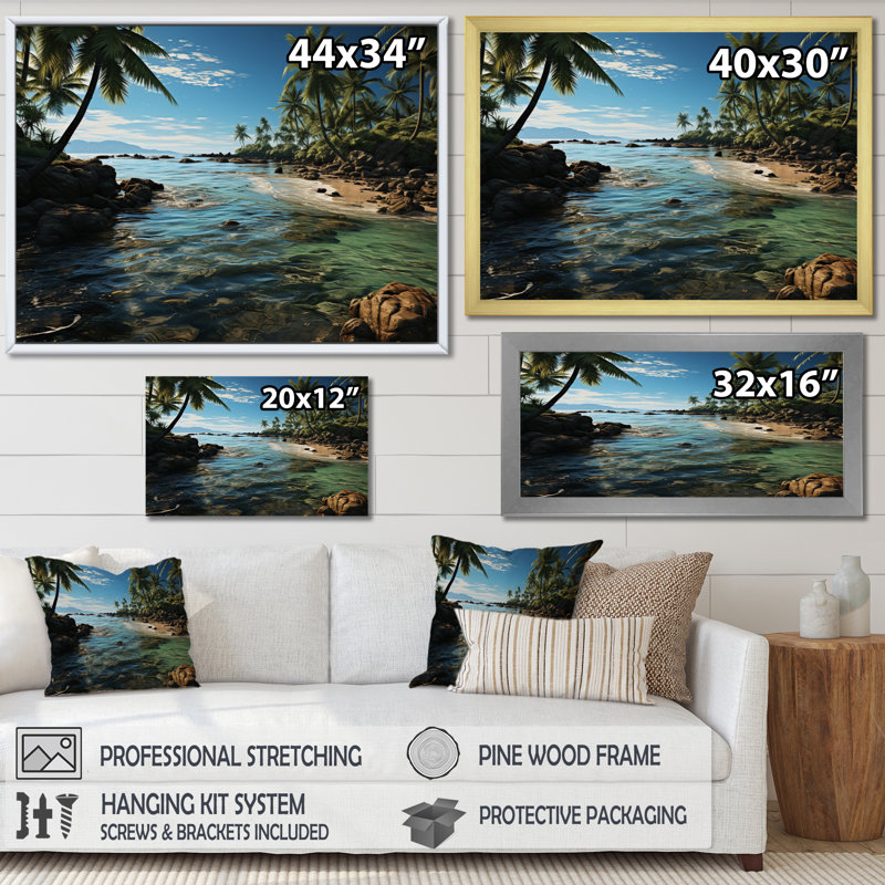 «Amandy Beach Palm Oasis», reproduction sur toile, Cadre flottant blanc, 24" H x 32" W