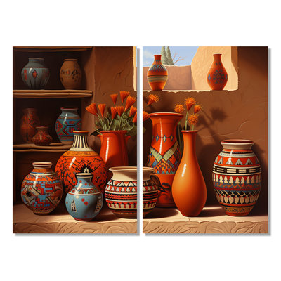 Vase mexicain en terre cuite à fleurs orange - grande fenêtre florale, art mural