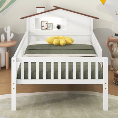 Multifunctional Wood Platform Bed with Novelty House Headboard, Integrated LED & Storage Shelves