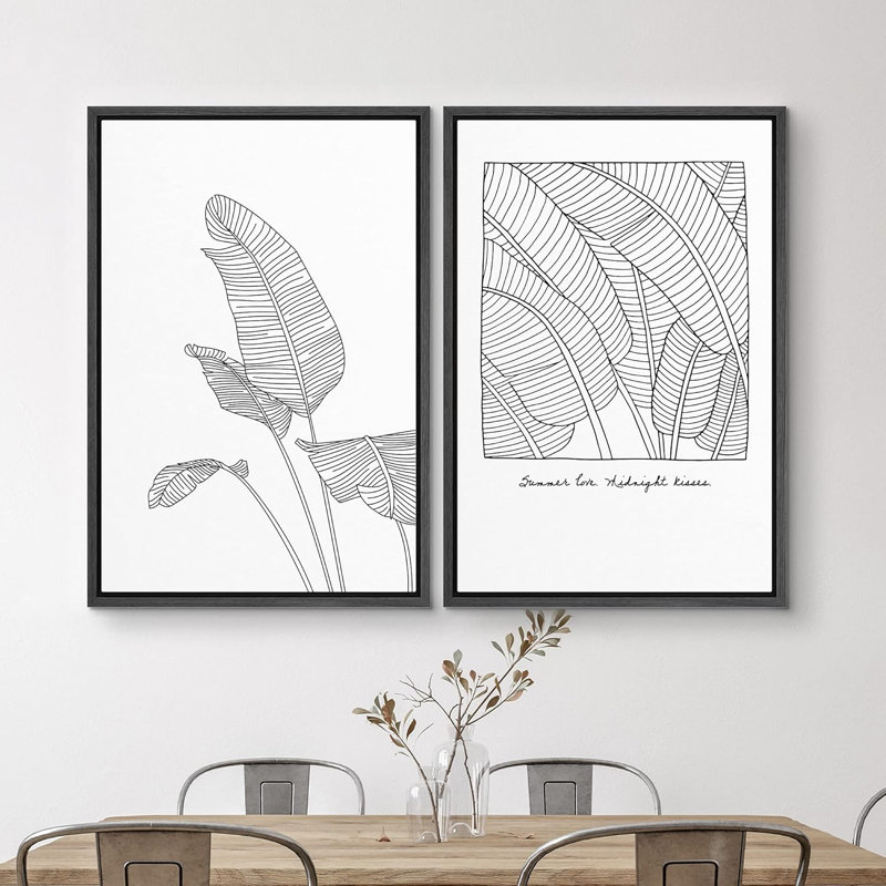 Duo de feuilles de bananier et phrase, illustrations de plantes florales, art moderne, panoramique, noir et blanc