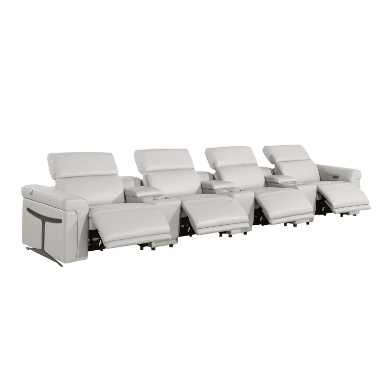 7-Piece 4-Power Reclining Italian Leather Sofa With Power Headrest, Light Gray