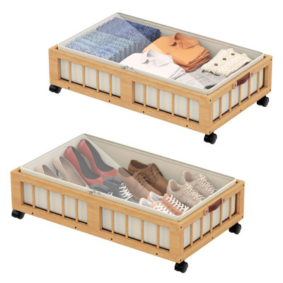 2-Pack Bamboo Under Bed Storage Containers With Wheels, Under Bed Clothes Storage Basket With Large Dust Bag, Rolling Underbed Storage, Nature