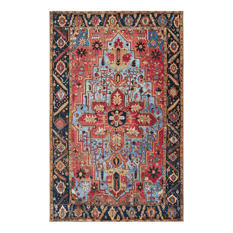 Rust Red and Blue Synthetic Outdoor Rectangular Rug