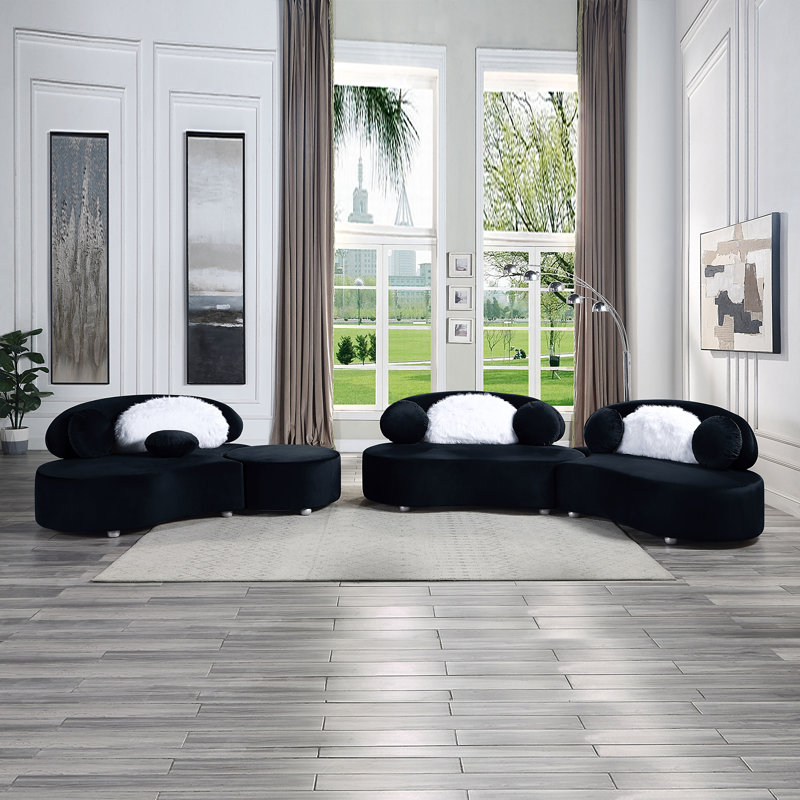 Canapé modulaire en velours réversible de 139 po avec repose-pieds Dejon, Velours noir