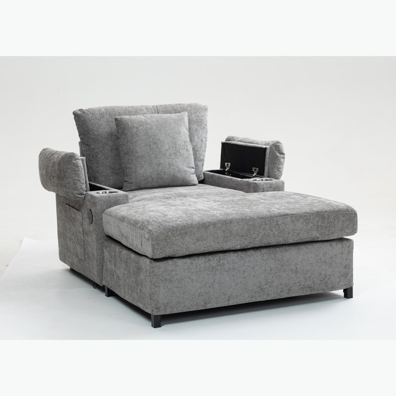 Fauteuil surdimensionné en chenille avec repose-pieds, fauteuil-lit avec porte-gobelets et ports de charge USB, Gris chenille