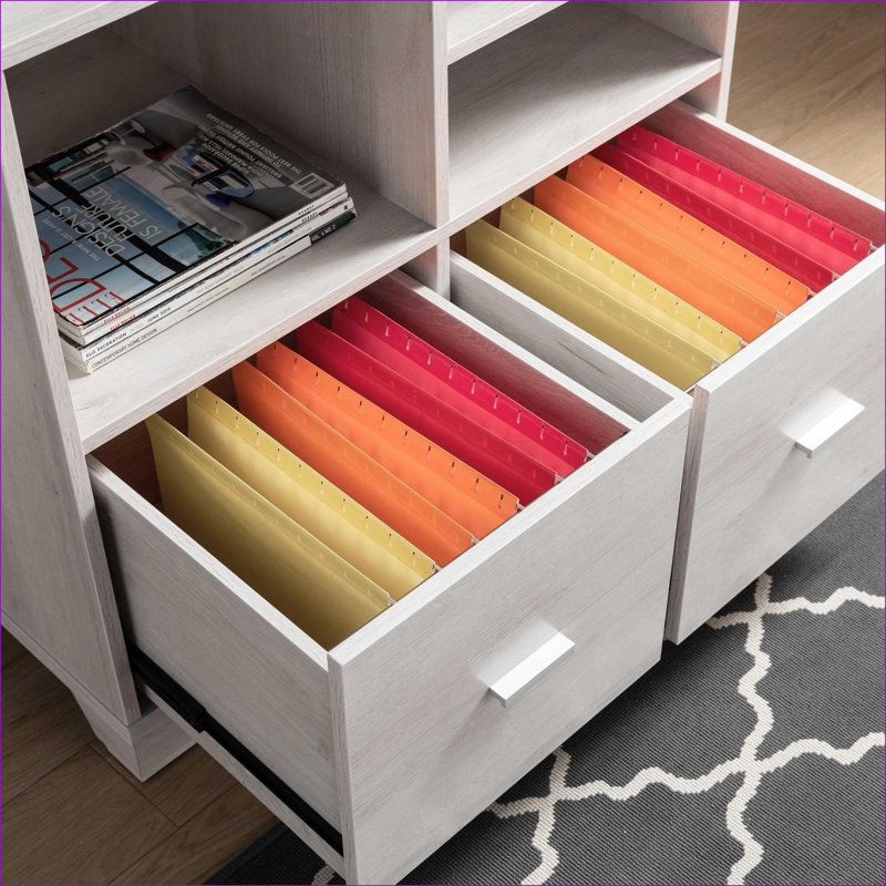 Support d'imprimante avec deux classeurs & amp; Étagère ouverte, chêne blanc moderne | Panneau de particules | Alimentation / prises USB