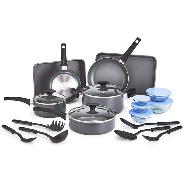 Basics Non-Stick Cookware Set, Pots, Pans and Utensils - 15-Piece  Set & 18-Piece Kitchen Dinnerware Set, Dishes, Bowls, Service for 6, White