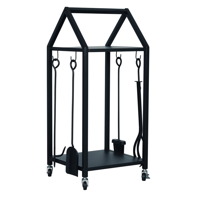 Cantarero 14'' W Metal Log Rack on Wheels with 4 Piece Fireplace Tool Set for Hearth