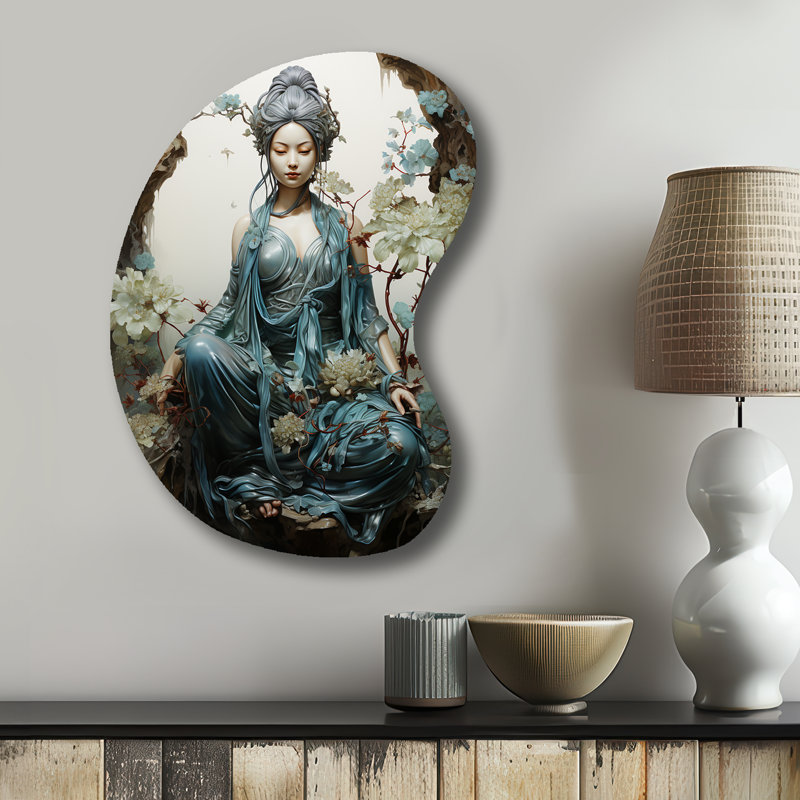 Bleu sarcelle art bouddhiste beige Bodhisattva Compassion, H 31 po x l 22 po x P 1 po