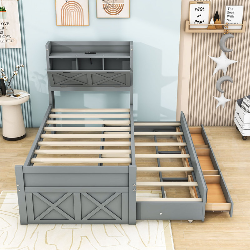 Wood Bed with Storage Headboard,Outlets,Twin Trundle and Three Drawers, Gray, Twin