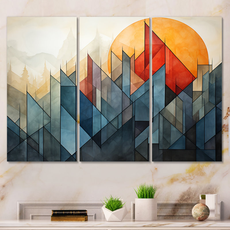 Paysage de montagne abstrait orange et vert - Art abstrait paysage mural, Toile tendue, H 32 po x l 48 po x P 1 po