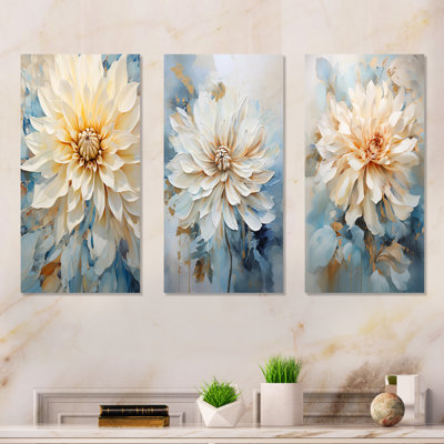 Simple Beige And Blue Dahlia - Dahlia Wall Art Prints Set Of 4