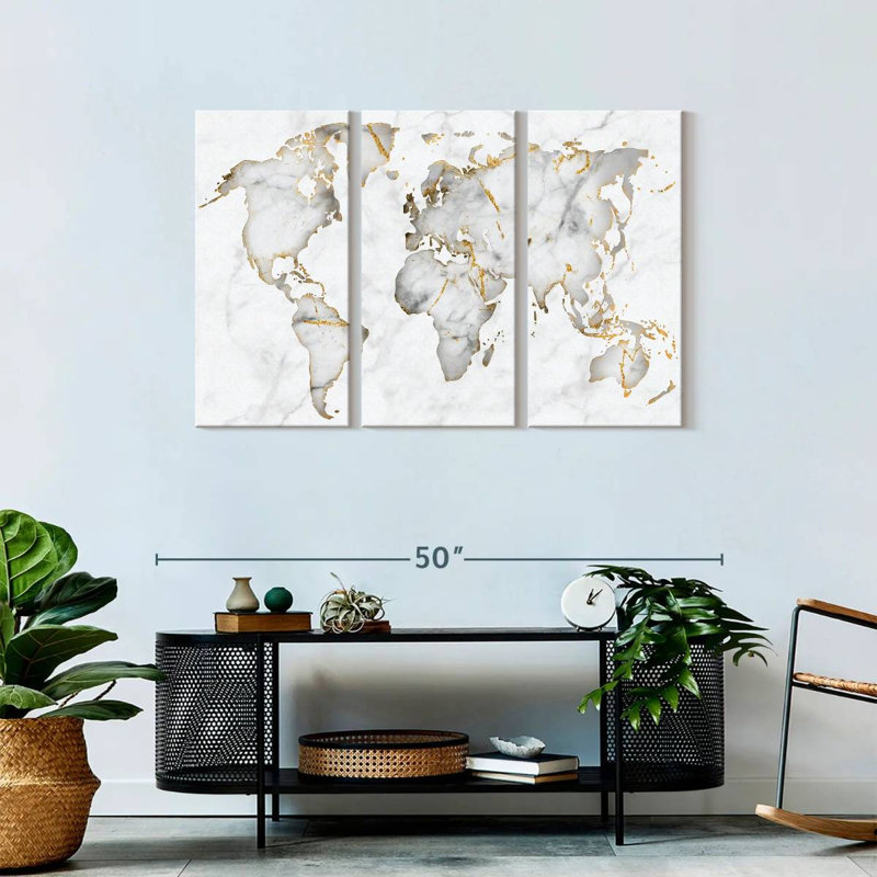 " White Marble World Map " 3 Piece Art Set, 28" H x 45" W x 1.25" D