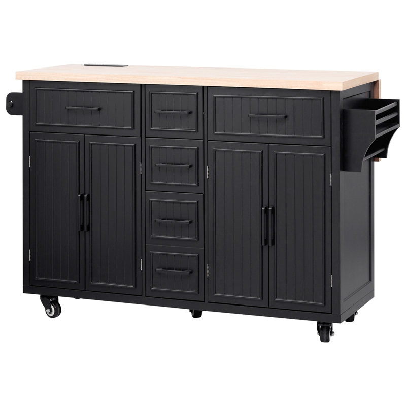 56.5'' Kitchen Island with Drop Leaf, Power Outlet, Embossed Vertical Stripe Rolling Kitchen Cart on Wheels with 4 Doors , 5 Deep Drawers and Adjustable Shelves, for Kitchen, Dining Room